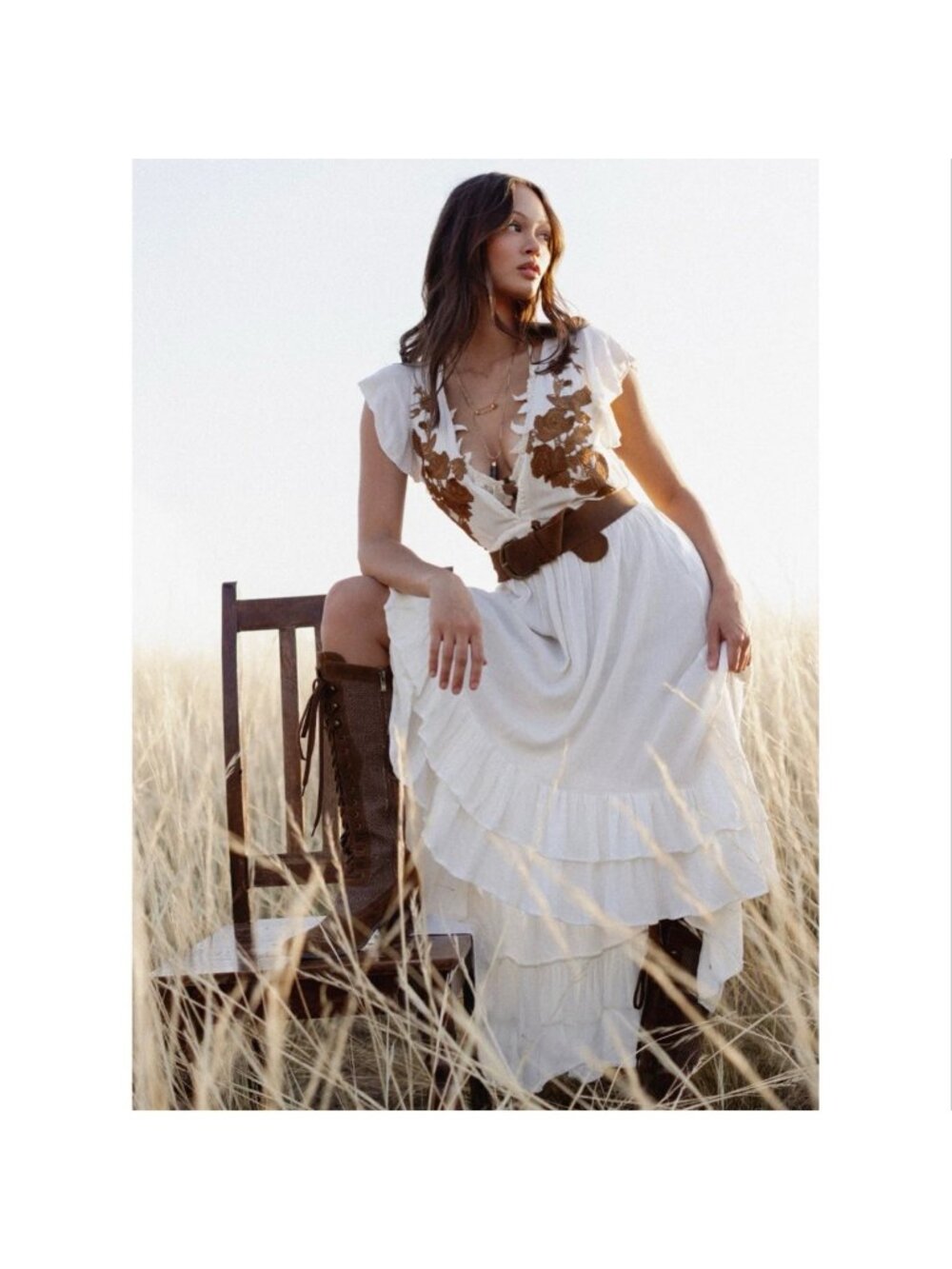 Joyfolie Mia High-low Midi Dress in Ivory Boho Romantic